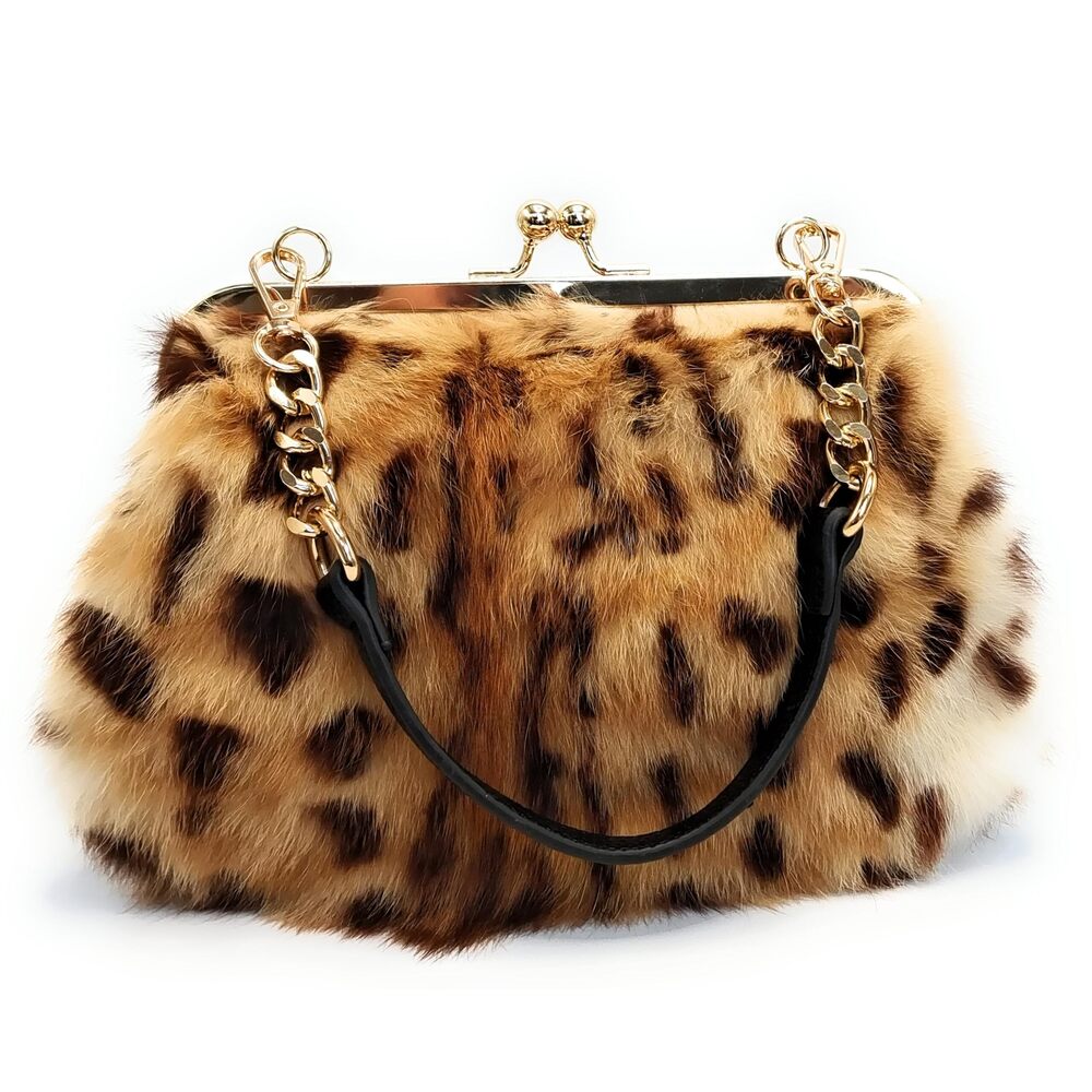 7478 Elegant Leopard Print Rex Rabbit Fur Handbag with Interchangeable